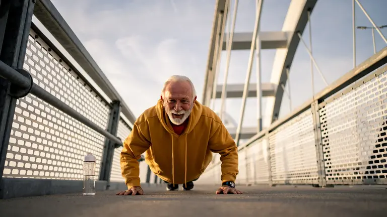Longevity Älterer Herr, der Liegestütze auf einer Fußgängerbrücke macht